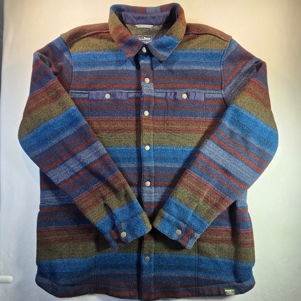 LL Bean Mens Fleece Lined Insulated Shirt Jacket Striped XL Tall